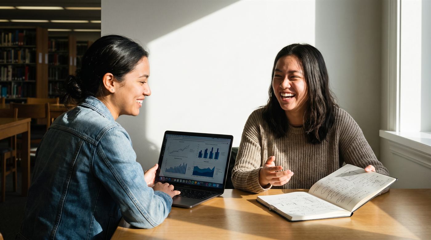 Deux étudiantes de disciplines différentes travaillant ensemble dans une bibliothèque